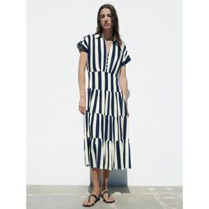 Zara Womens Shirt Midi Cut Out Dress XS Blue White Striped Tiered 3077/767 NWT